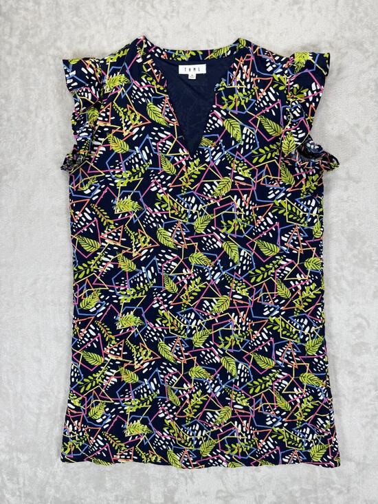 THML Dresses & Skirts - THML Dress Medium Navy Geometric Leaf Print Ruffle Sleeve Shift Dress Boho